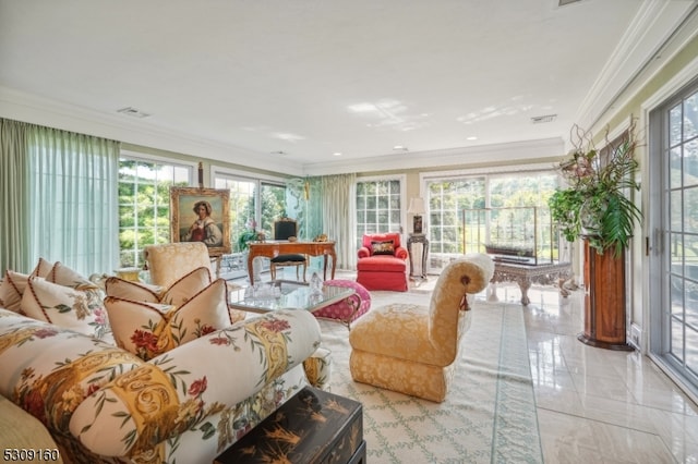 living room with plenty of natural light and crown molding