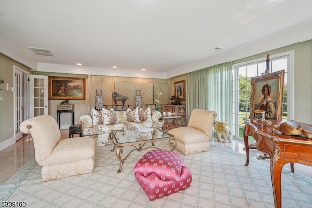 living room with crown molding