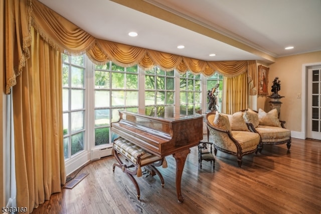 misc room featuring hardwood / wood-style flooring, ornamental molding, and plenty of natural light