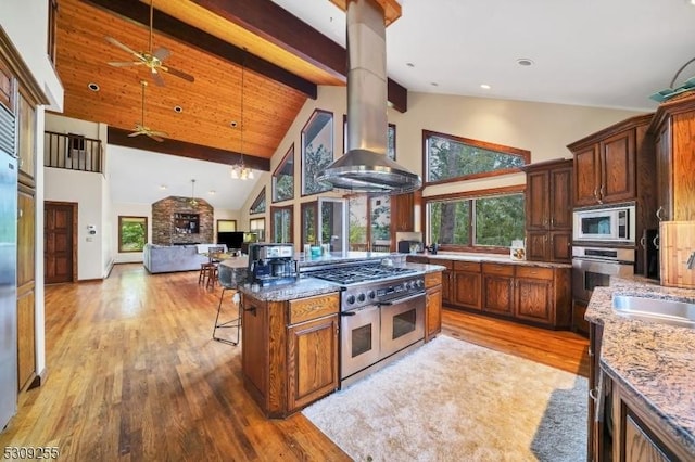 80 Rte 206, Chester Twp, NJ 07930 - kitchen featuring stainless steel appliances, ceiling fan, high vaulted ceiling, light wood finished floors, and beamed ceiling