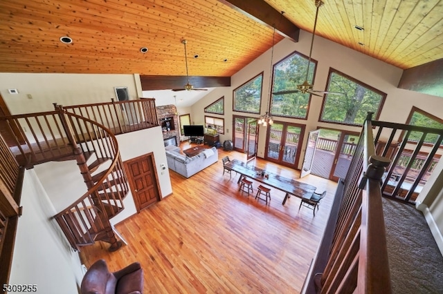 living room with ceiling fan, hardwood / wood-style floors, high vaulted ceiling, and wooden ceiling