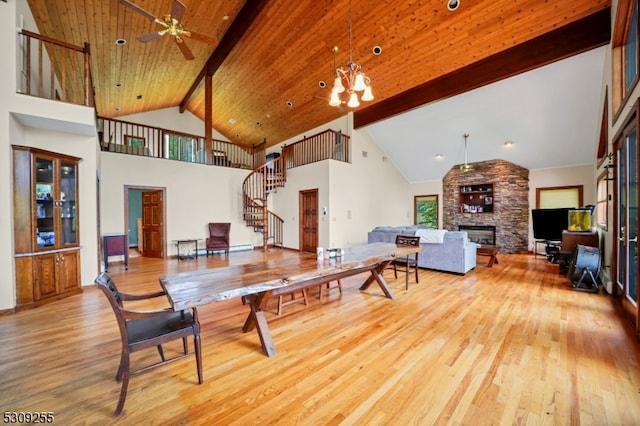 interior space featuring high vaulted ceiling, wood ceiling, beam ceiling, and a stone fireplace