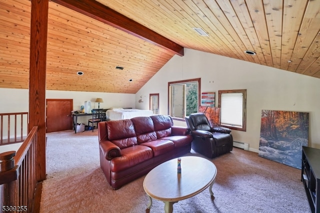 living room featuring wood ceiling, baseboard heating, vaulted ceiling with beams, and carpet floors