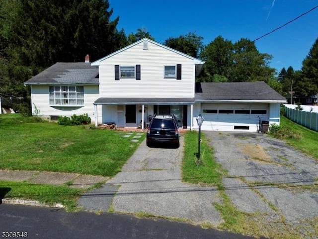 split level home with driveway, an attached garage, fence, and a front lawn