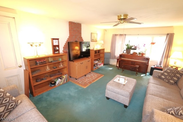 carpeted living room featuring radiator and ceiling fan