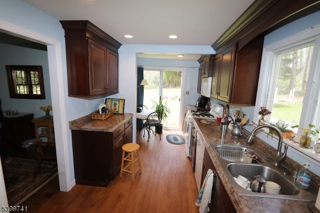 kitchen with hardwood / wood-style floors, white appliances, stone countertops, and sink