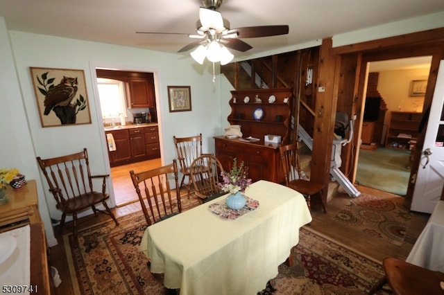 dining space with hardwood / wood-style floors and ceiling fan