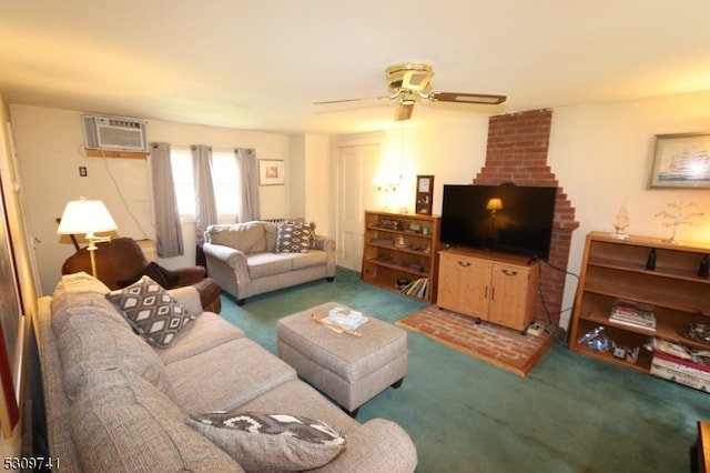 living room with a wall mounted AC, ceiling fan, and carpet floors