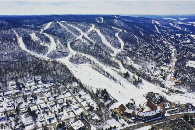 snowy aerial view with a mountain view