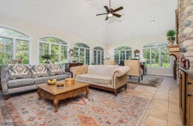 living room featuring high vaulted ceiling