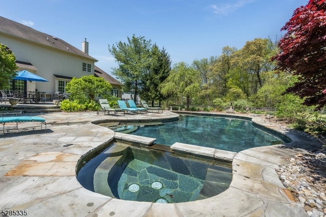 view of swimming pool featuring an in ground hot tub and a patio