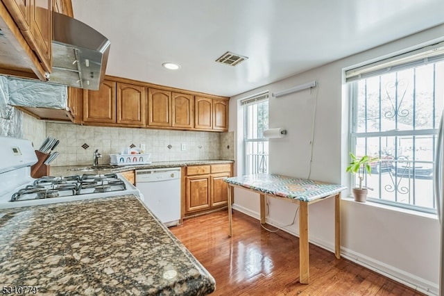 kitchen featuring dishwasher, decorative backsplash, light wood-type flooring, and stainless steel range