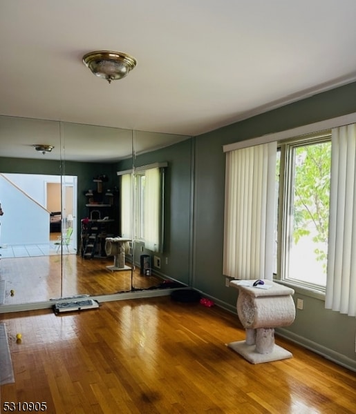 workout room with wood-type flooring