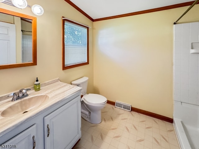 full bathroom featuring tile patterned flooring, crown molding, vaulted ceiling, toilet, and vanity