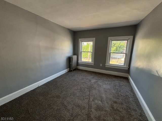 spare room featuring radiator heating unit and carpet floors