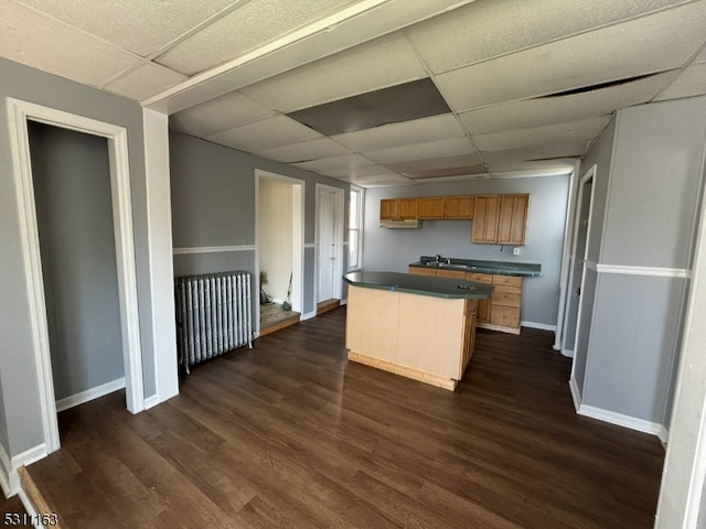 kitchen featuring dark hardwood / wood-style flooring, radiator, and a drop ceiling