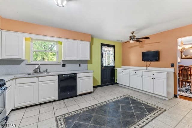 kitchen featuring ceiling fan with notable chandelier, dishwasher, light tile patterned floors, sink, and white cabinetry