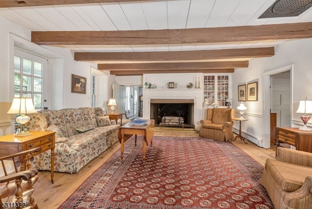 living room with wood-type flooring, a baseboard radiator, and beam ceiling