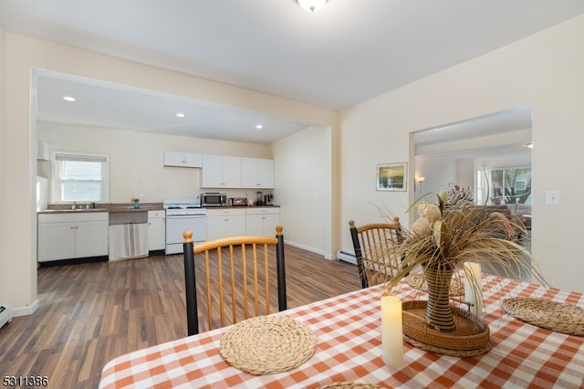 dining area featuring a baseboard heating unit and dark wood-type flooring