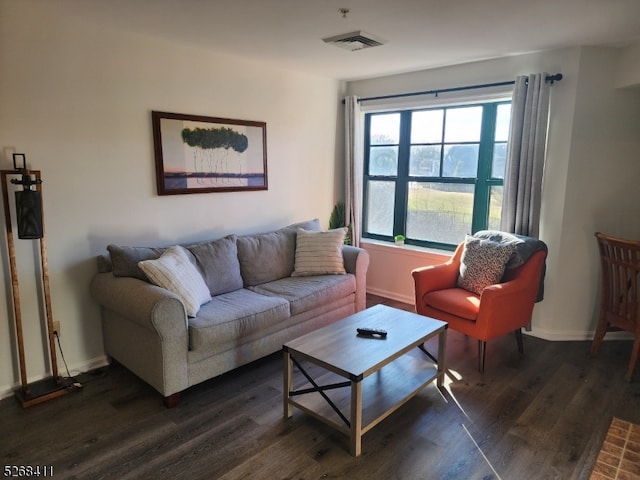 living room featuring dark wood-type flooring