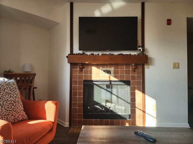 living room with a fireplace and dark wood-type flooring