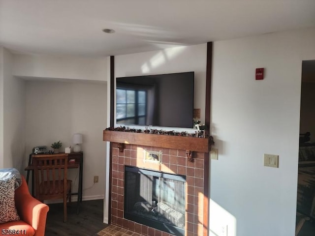 living room with a fireplace and wood finished floors