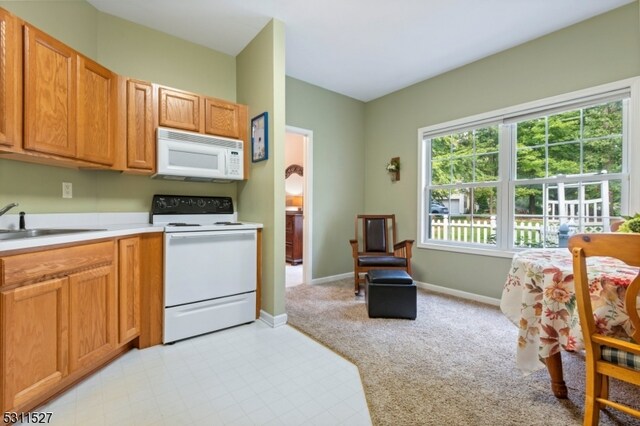 kitchen featuring white appliances, light carpet, and sink