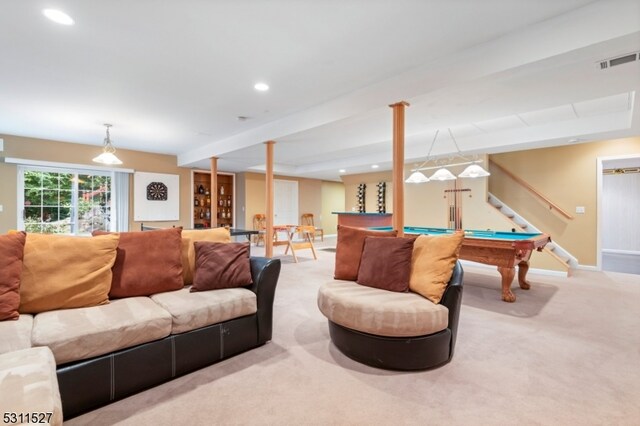 carpeted living room with pool table