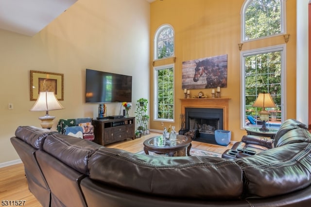 living room with a towering ceiling and light hardwood / wood-style flooring