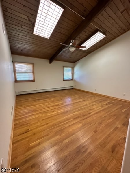 bonus room with a baseboard heating unit, wooden ceiling, lofted ceiling with beams, light hardwood / wood-style floors, and ceiling fan