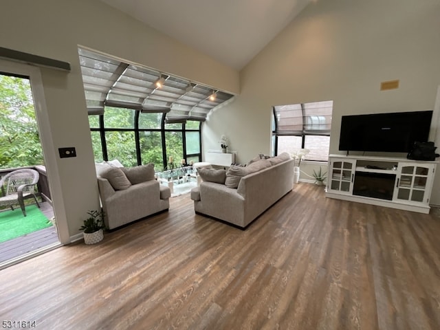 living room with lofted ceiling, a healthy amount of sunlight, and wood-type flooring