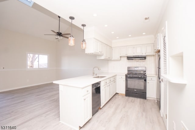 kitchen with black appliances, white cabinetry, sink, and ceiling fan