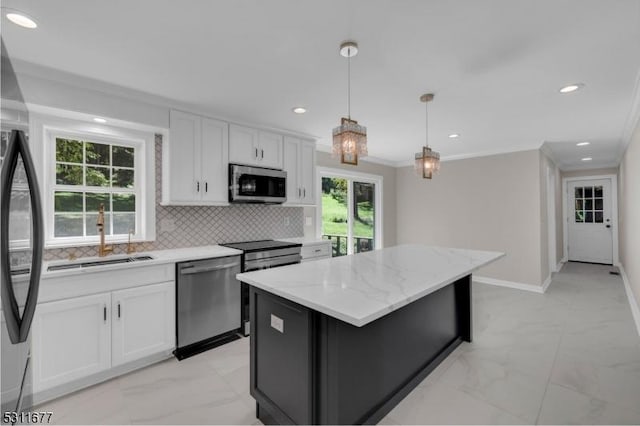 kitchen with a center island, decorative backsplash, marble finish floor, stainless steel appliances, and white cabinets