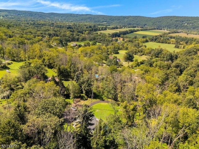 birds eye view of property featuring a forest view