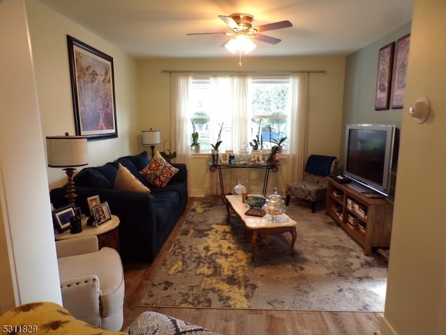 living room featuring ceiling fan and light wood-type flooring