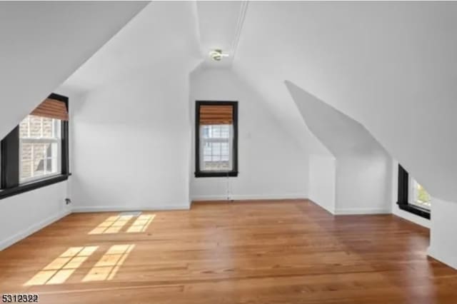 additional living space featuring vaulted ceiling and hardwood / wood-style flooring