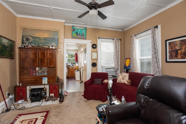 carpeted living room featuring ornamental molding, cooling unit, ceiling fan, and coffered ceiling