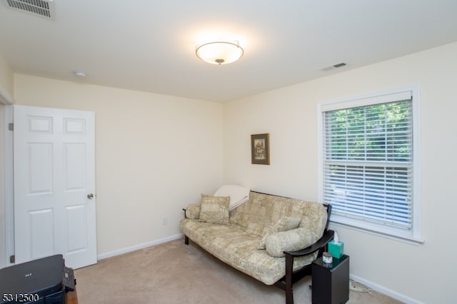 sitting room featuring light carpet