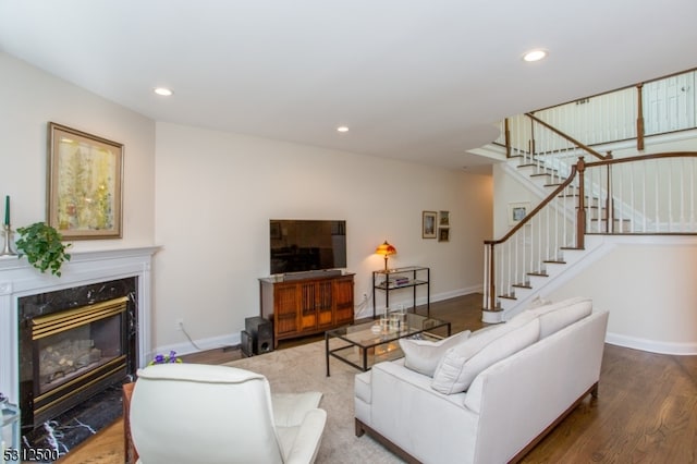 living room featuring a premium fireplace and wood-type flooring