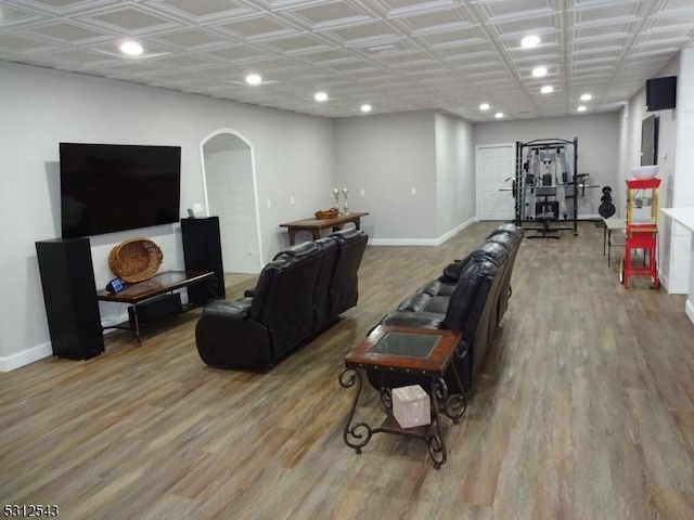 189 Park Rd, Parsippany-Troy Hills Twp, NJ 07054 - living area with recessed lighting, wood finished floors, arched walkways, and an ornate ceiling