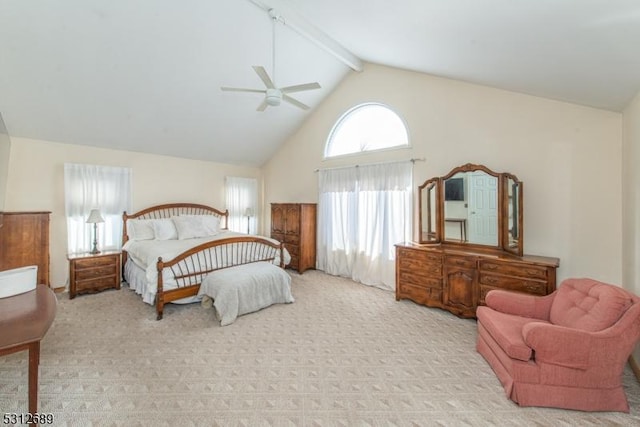 carpeted bedroom with beam ceiling, high vaulted ceiling, and ceiling fan