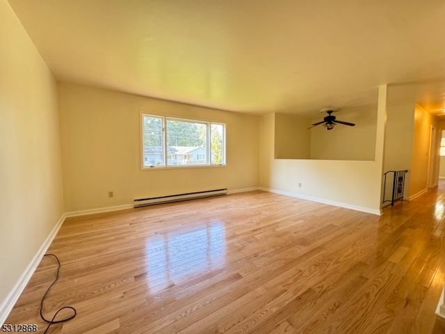 unfurnished room featuring ceiling fan, baseboard heating, and light hardwood / wood-style floors