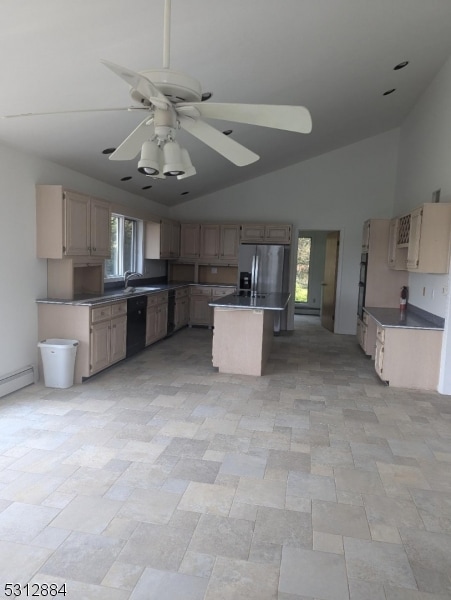 kitchen with a kitchen island, sink, ceiling fan, stainless steel fridge with ice dispenser, and black dishwasher