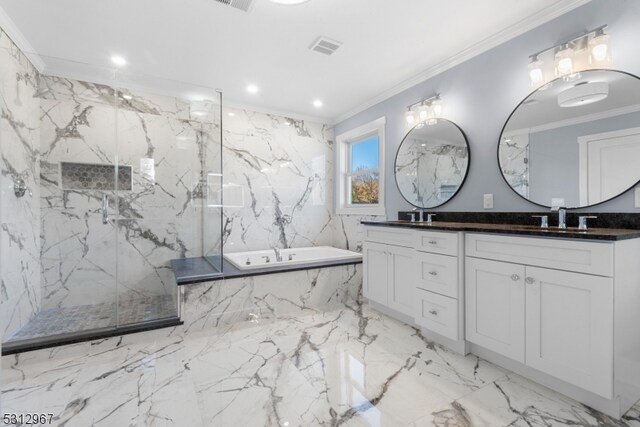 bathroom featuring vanity, plus walk in shower, and ornamental molding