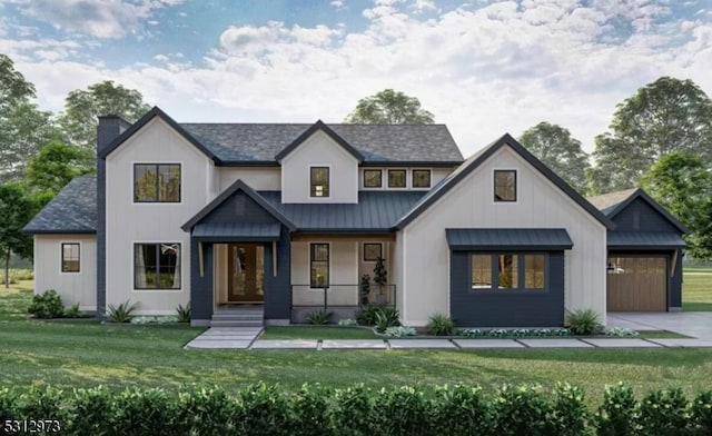 modern inspired farmhouse with a front yard and covered porch