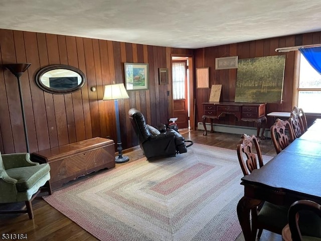 living room featuring a baseboard heating unit, a wealth of natural light, and wood-type flooring