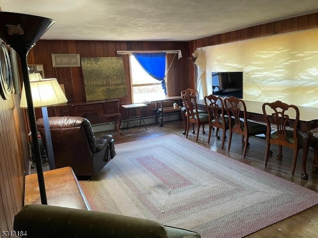 living room with wooden walls, wood-type flooring, and baseboard heating