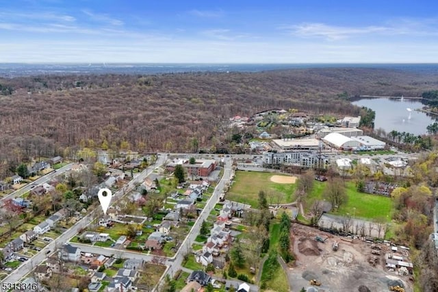 bird's eye view featuring a water view and a forest view