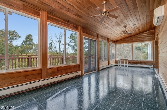 unfurnished sunroom featuring ceiling fan, wooden ceiling, and a wealth of natural light