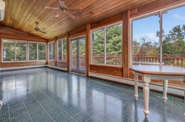 unfurnished sunroom with wood ceiling, a baseboard heating unit, vaulted ceiling, and ceiling fan